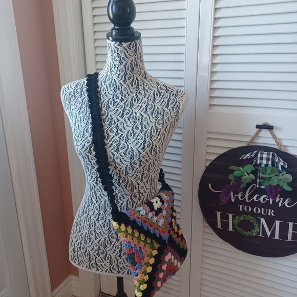 Handbags - Granny Square Multicolor Crochet Shoulder Crossbody Bag Boho Hippy